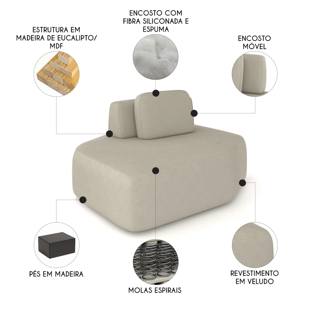 Sofá Chaise Modular 135cm Sala de Estar Moby Veludo Bege Z08 - Mpozenato