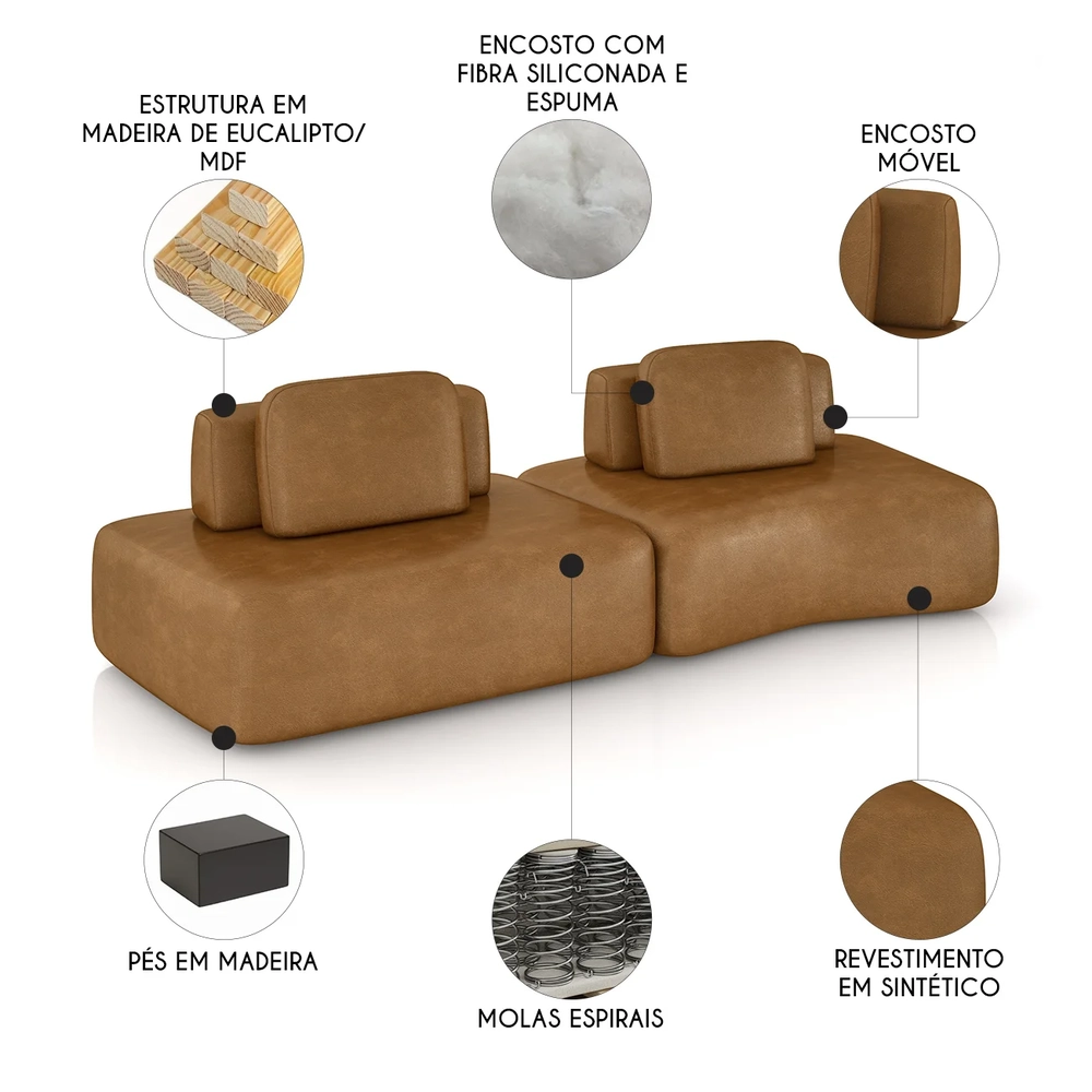 Sofá Ilha 314cm 2 Módulos Sala de Estar Moby Sintético Caramelo Z08 - Mpozenato