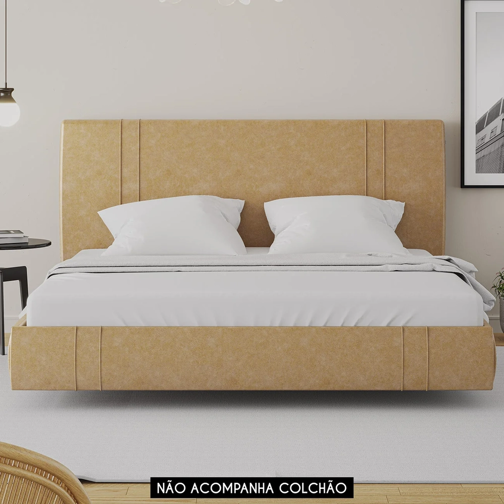 Cama King Flutuante Com Cabeceira 195cm Lyra Sintético Bege S05 - Mpozenato