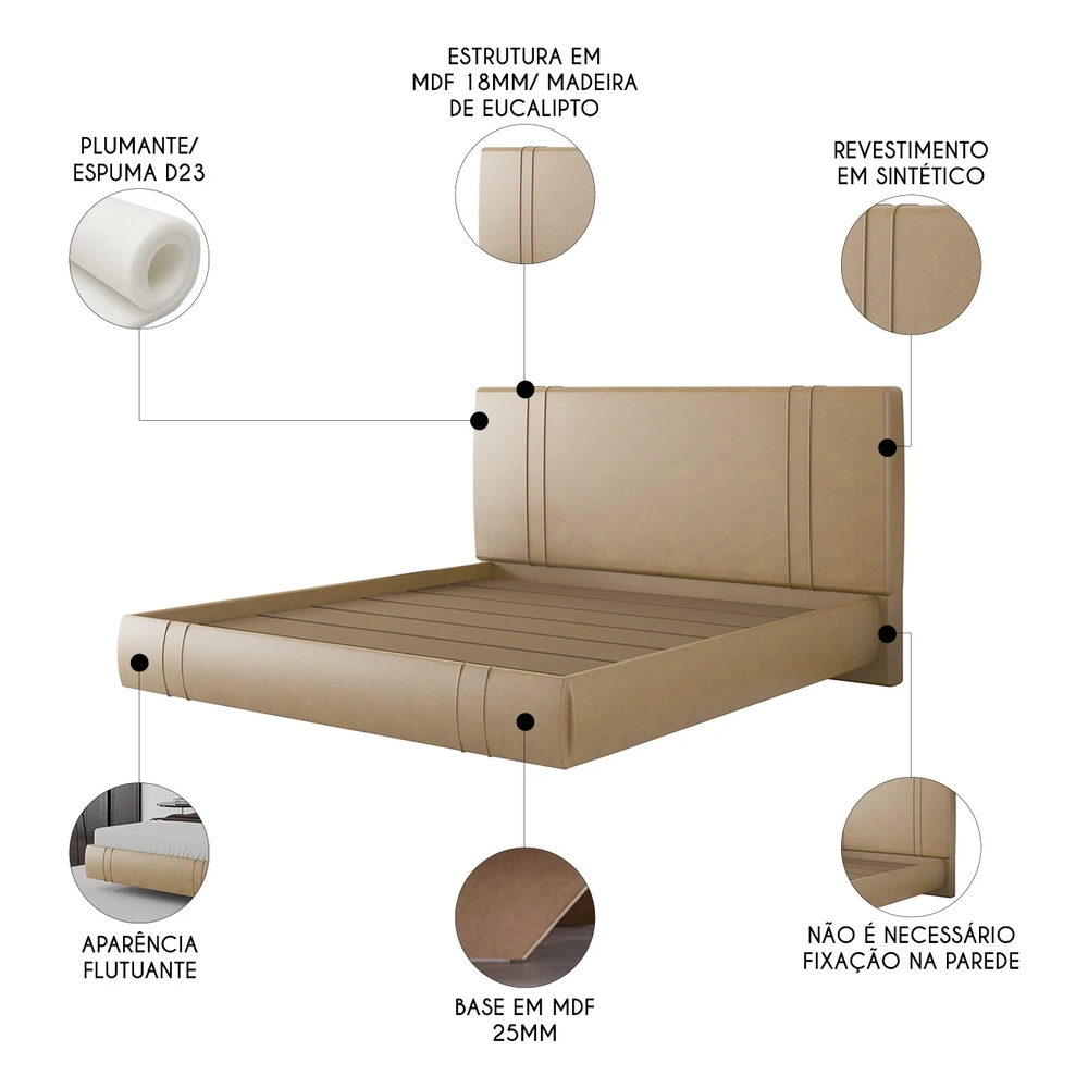 Cama King Flutuante Com Cabeceira 195cm Lyra Sintético Bege S05 - Mpozenato