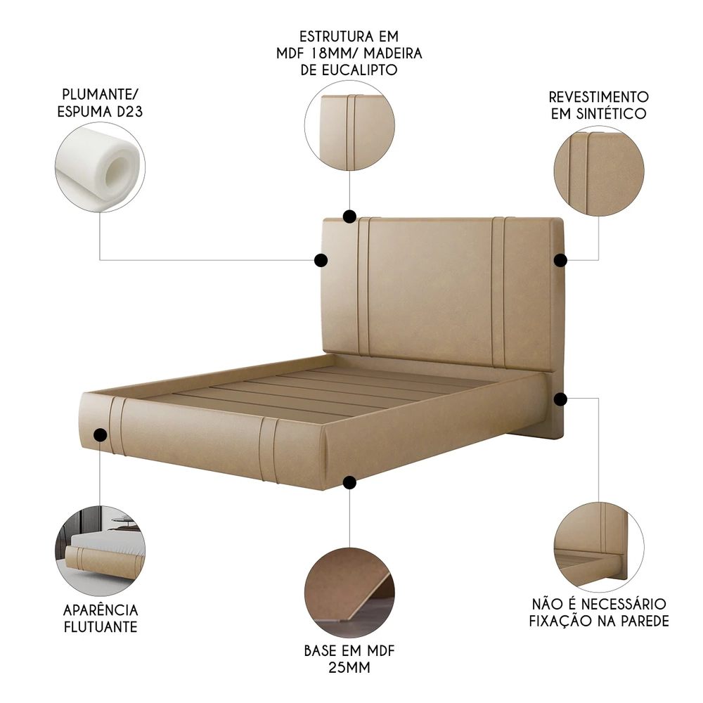 Cama Casal Flutuante Com Cabeceira 140cm Lyra Sintético Bege S05 - Mpozenato