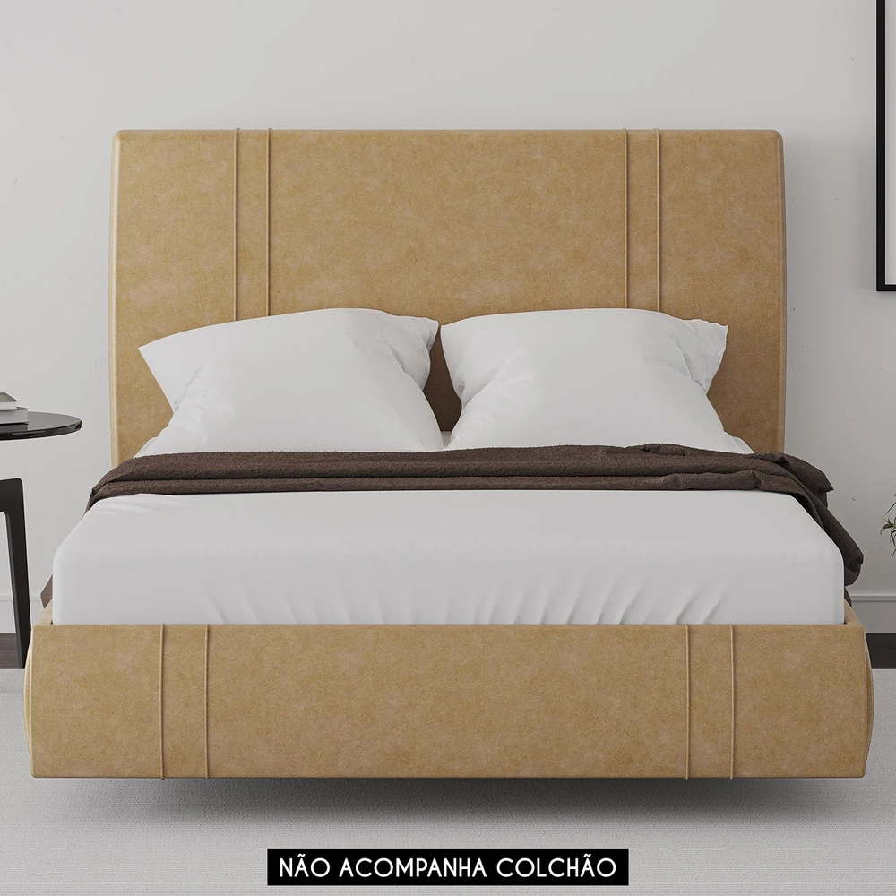 Cama Casal Flutuante Com Cabeceira 140cm Lyra Sintético Bege S05 - Mpozenato