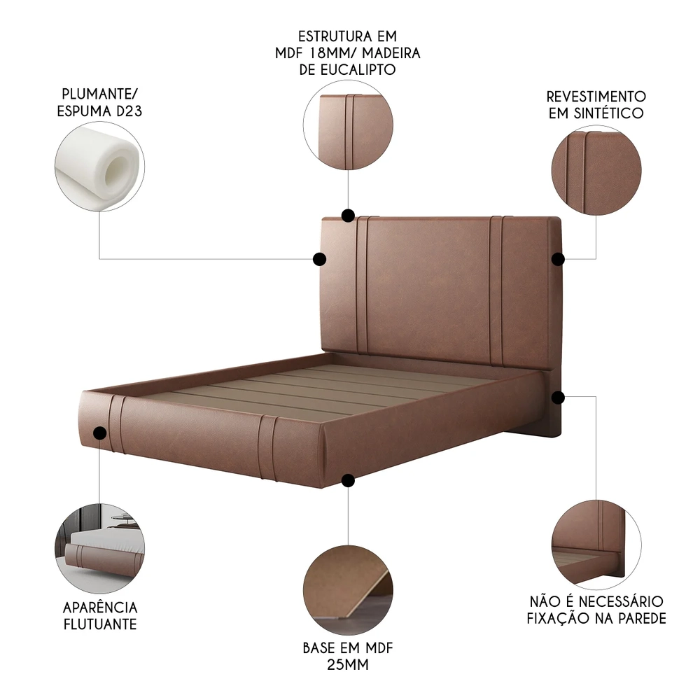 Cama Casal Flutuante Com Cabeceira 140cm Lyra Sintético Telha S05 - Mpozenato