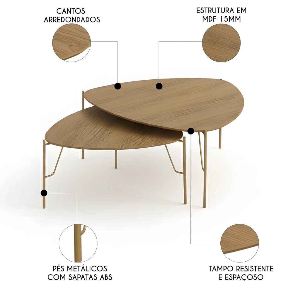 Mesa de Centro Para Sala Pés Metálicos Kit 2 Blen Louro/Dourado I06 - Mpozenato