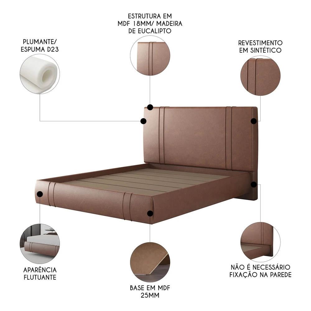 Cama Queen Flutuante Com Cabeceira 160cm Lyra Sintético Telha S05 - Mpozenato