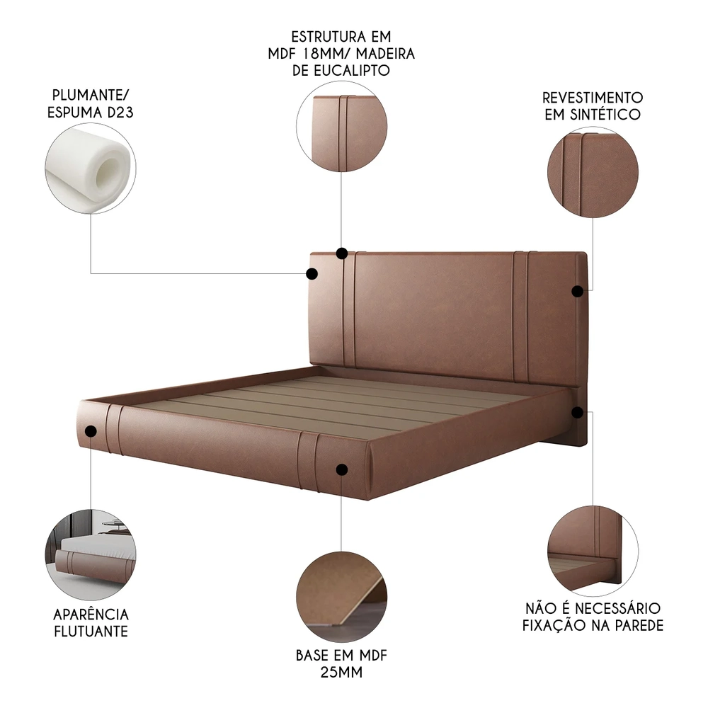 Cama King Flutuante Com Cabeceira 195cm Lyra Sintético Telha S05 - Mpozenato