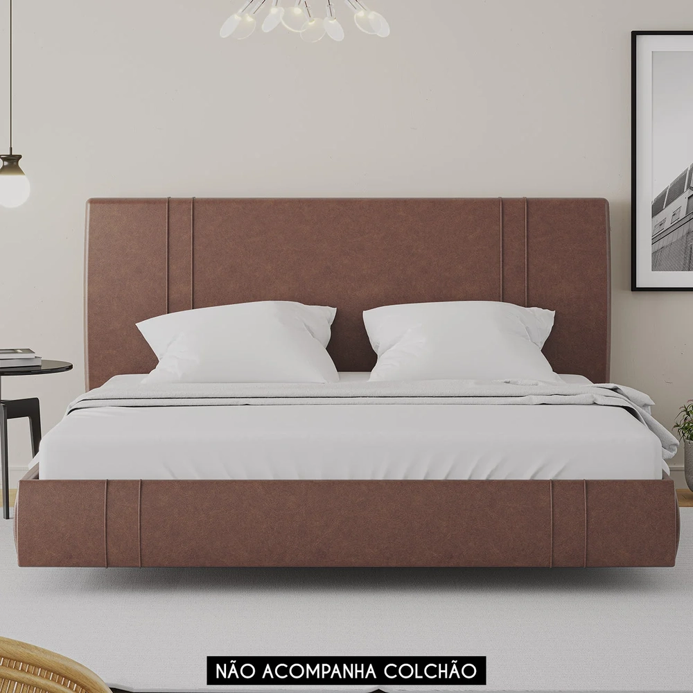 Cama King Flutuante Com Cabeceira 195cm Lyra Sintético Telha S05 - Mpozenato