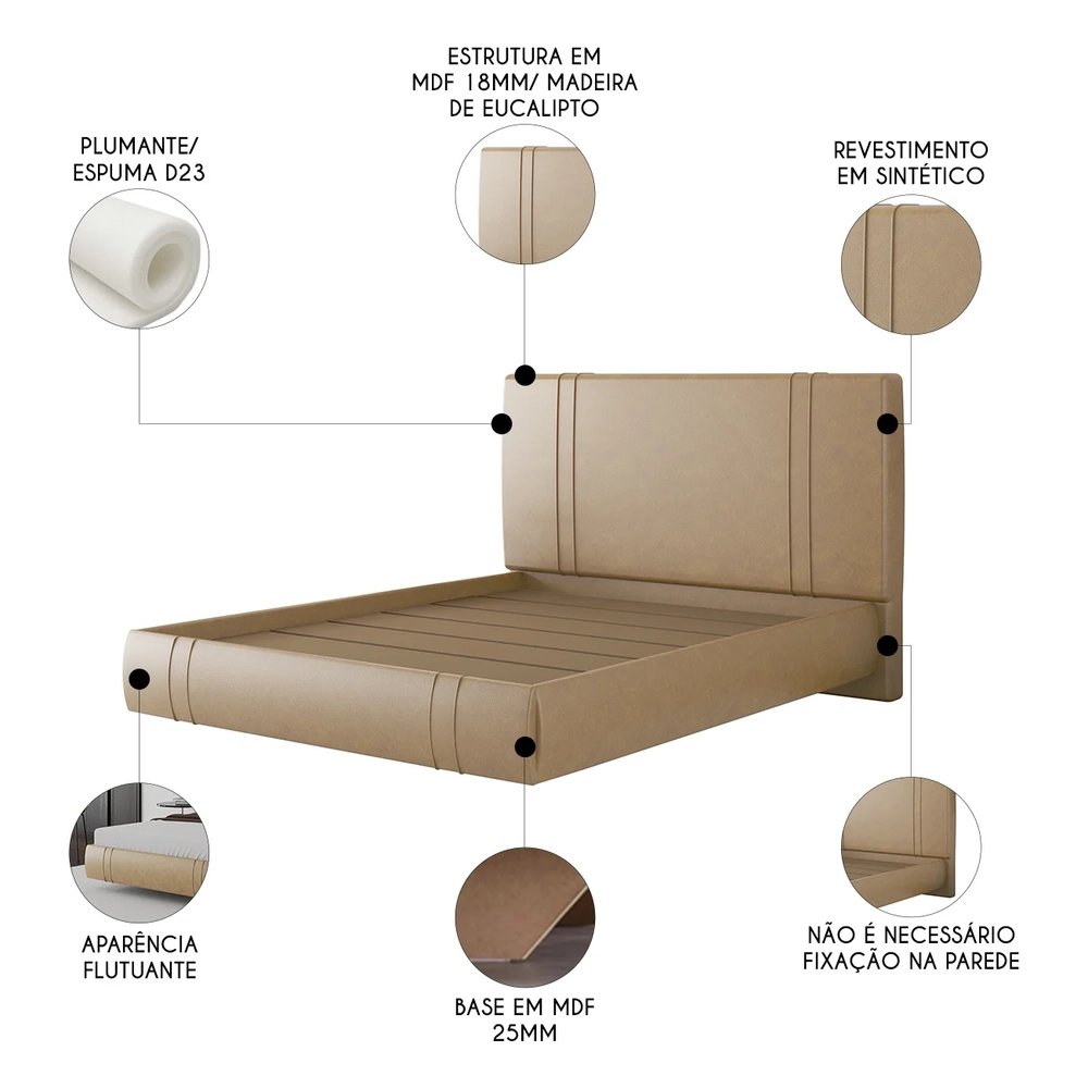 Cama Queen Flutuante Com Cabeceira 160cm Lyra Sintético Bege S05 - Mpozenato