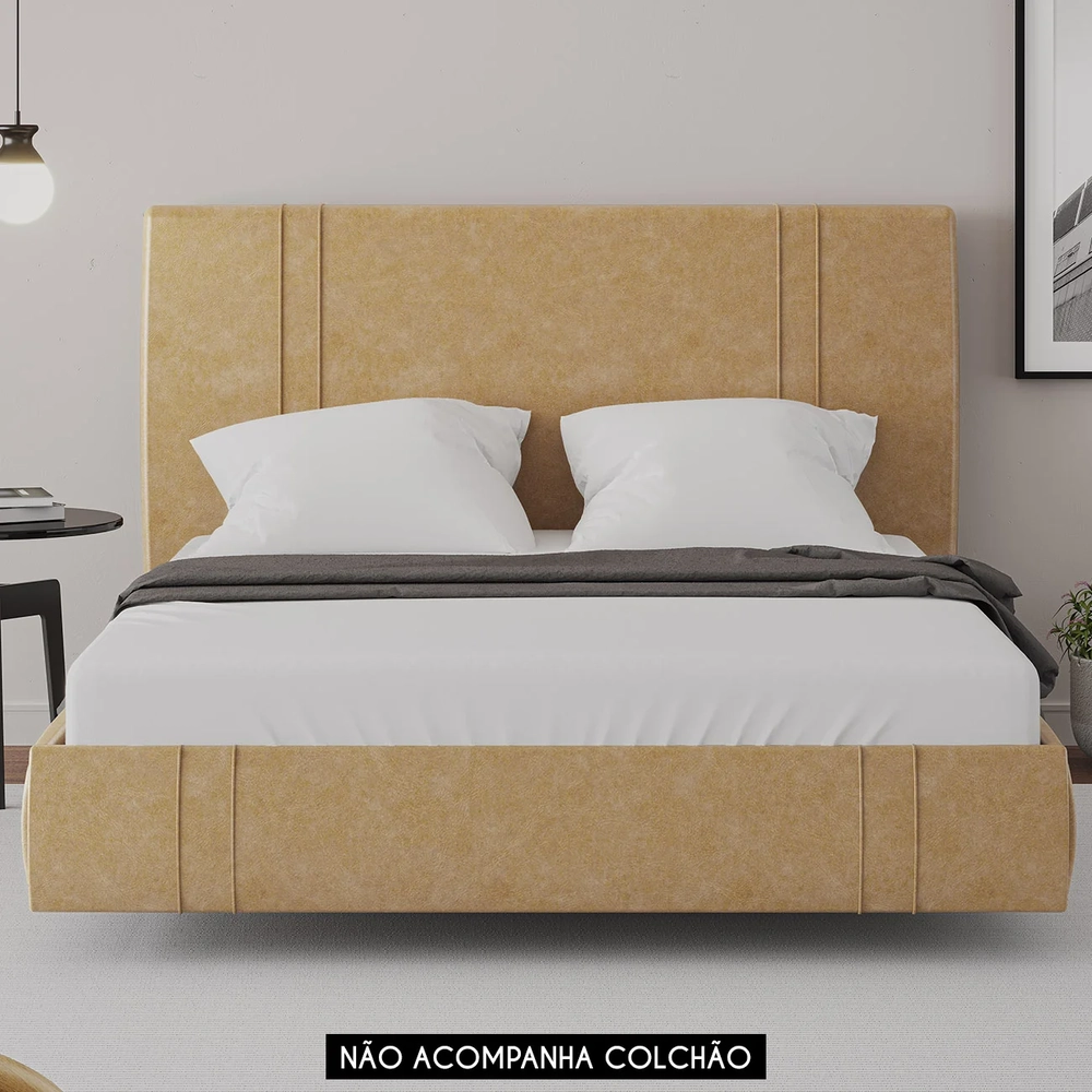 Cama Queen Flutuante Com Cabeceira 160cm Lyra Sintético Bege S05 - Mpozenato
