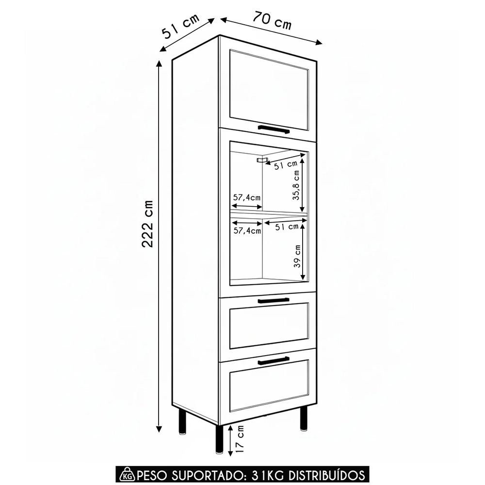 Paneleiro Cozinha Torre Quente 70cm 1 Porta Zaya Branco T01 - Mpozenato