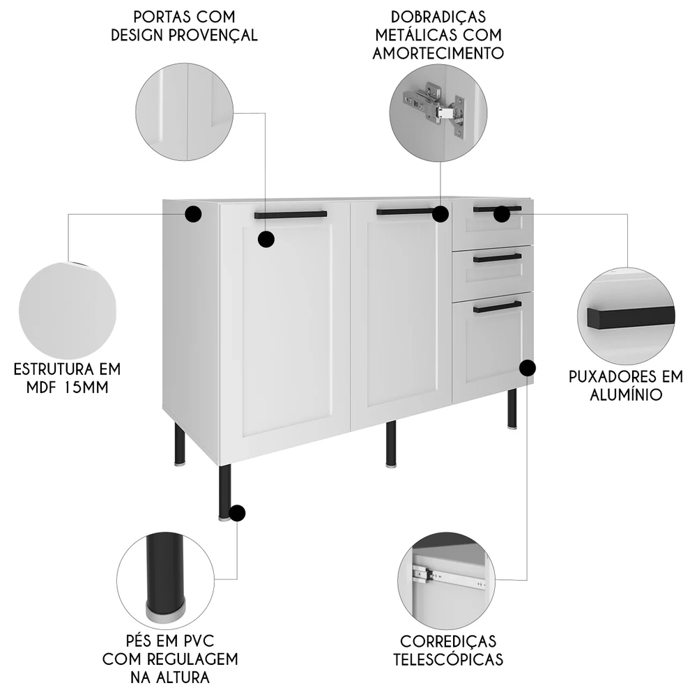 Balcão Cozinha 120cm Para Pia Com 2 Portas Zaya Branco T01  - Mpozenato