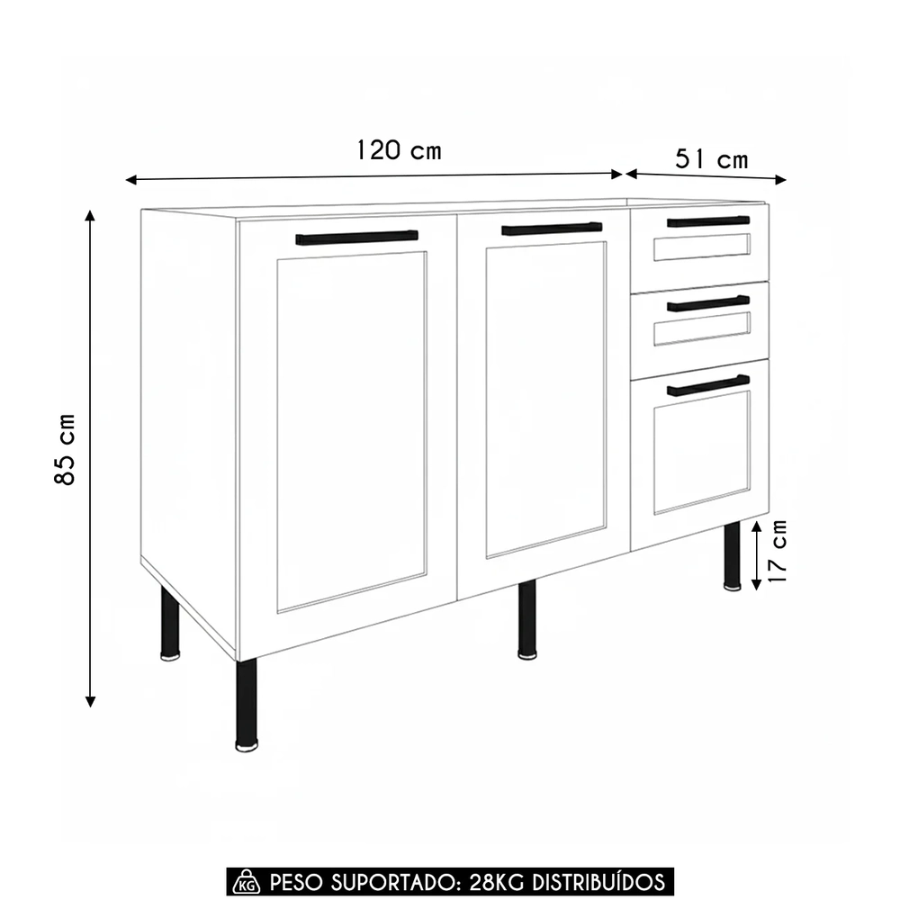 Balcão Cozinha 120cm Para Pia Com 2 Portas Zaya Branco T01  - Mpozenato