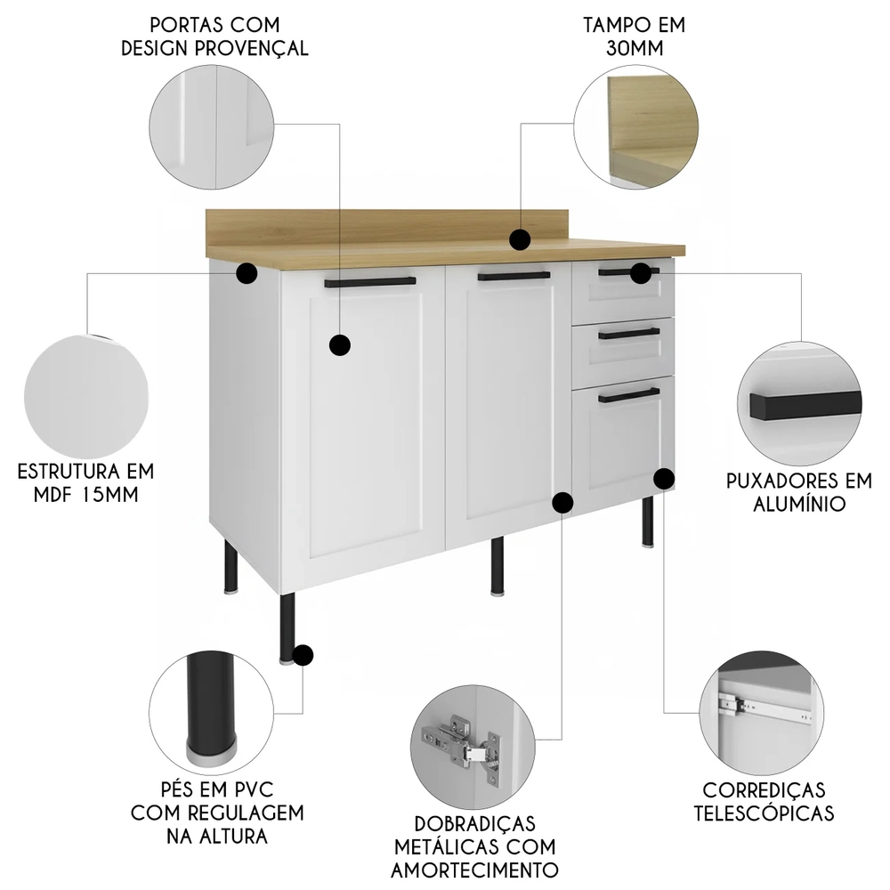 Balcão de Cozinha Com Tampo 120cm Zaya Branco/Carvalho T01  - Mpozenato