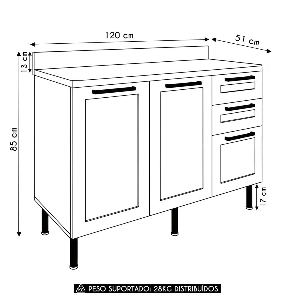 Balcão de Cozinha Com Tampo 120cm Zaya Branco/Carvalho T01  - Mpozenato