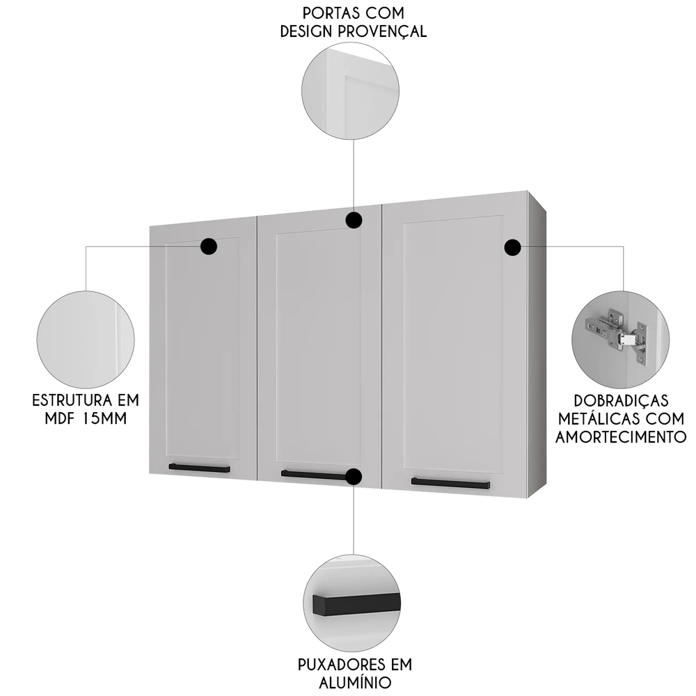 Armário Cozinha Aéreo 120cm Com 3 Portas Zaya Branco T01    - Mpozenato