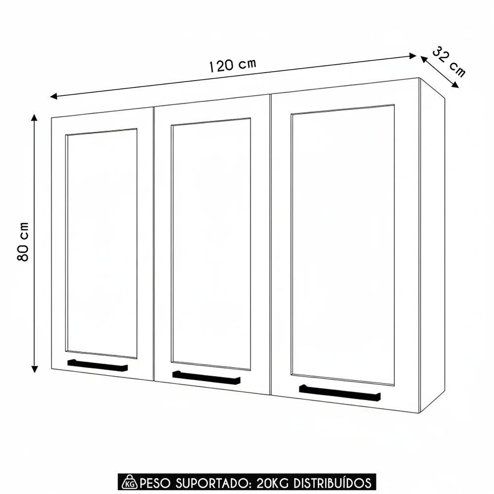 Armário Cozinha Aéreo 120cm Com 3 Portas Zaya Branco T01    - Mpozenato