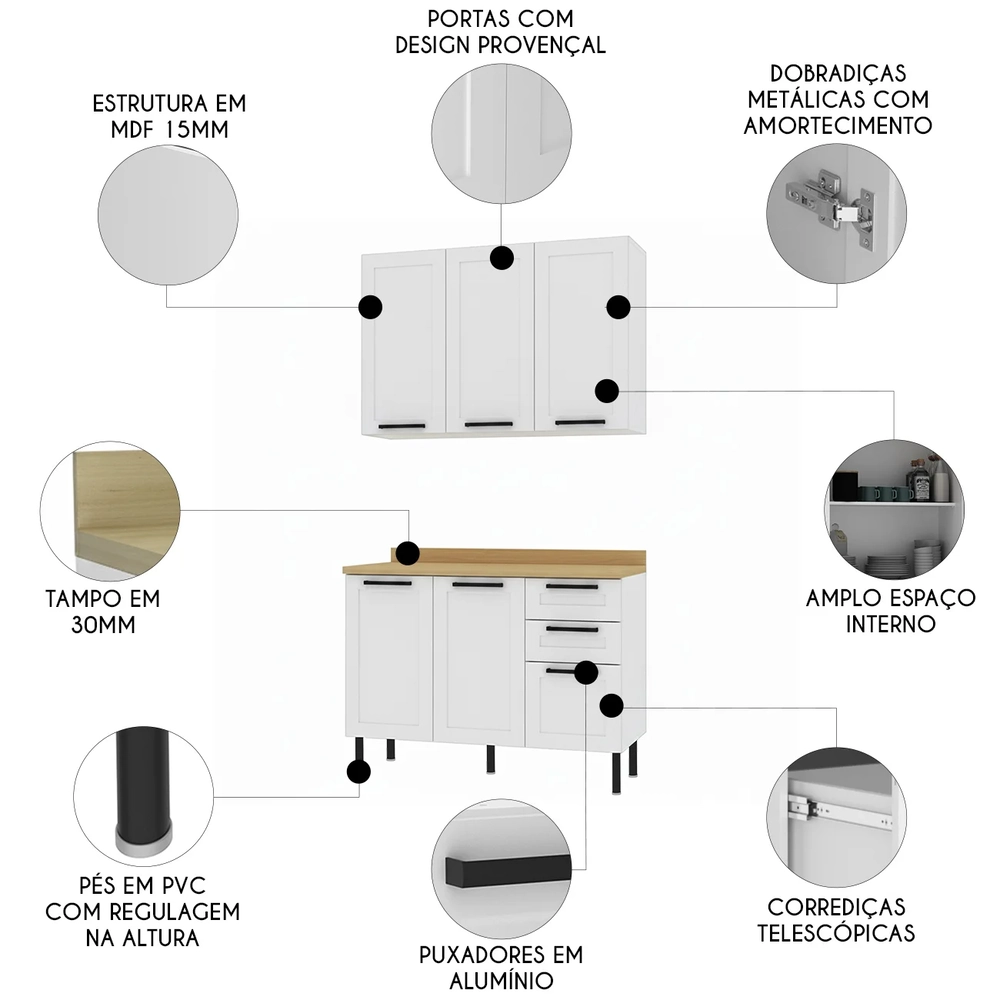 Armário Cozinha Balcão Tampo 120cm CP3 Zaya Branco/Carvalho T01 - Mpozenato