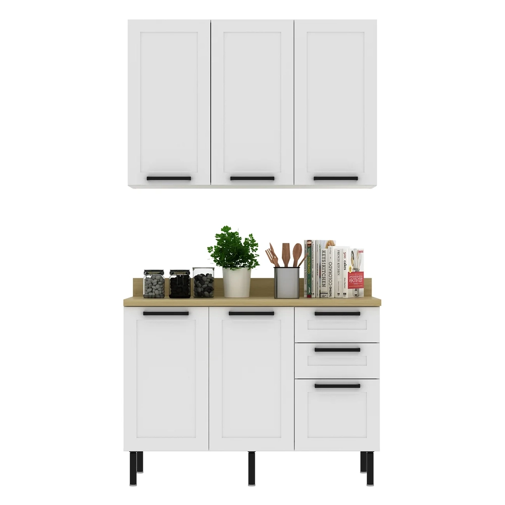 Armário Cozinha Balcão Tampo 120cm CP3 Zaya Branco/Carvalho T01 - Mpozenato