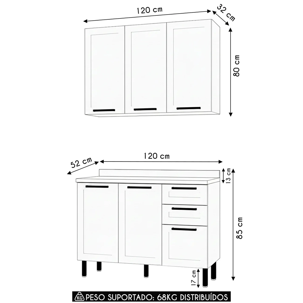 Armário Cozinha Balcão Tampo 120cm CP3 Zaya Branco/Carvalho T01 - Mpozenato