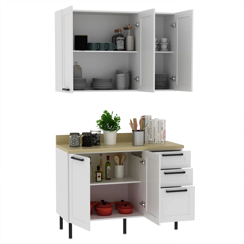 Armário Cozinha Balcão Tampo 120cm CP3 Zaya Branco/Carvalho T01 - Mpozenato