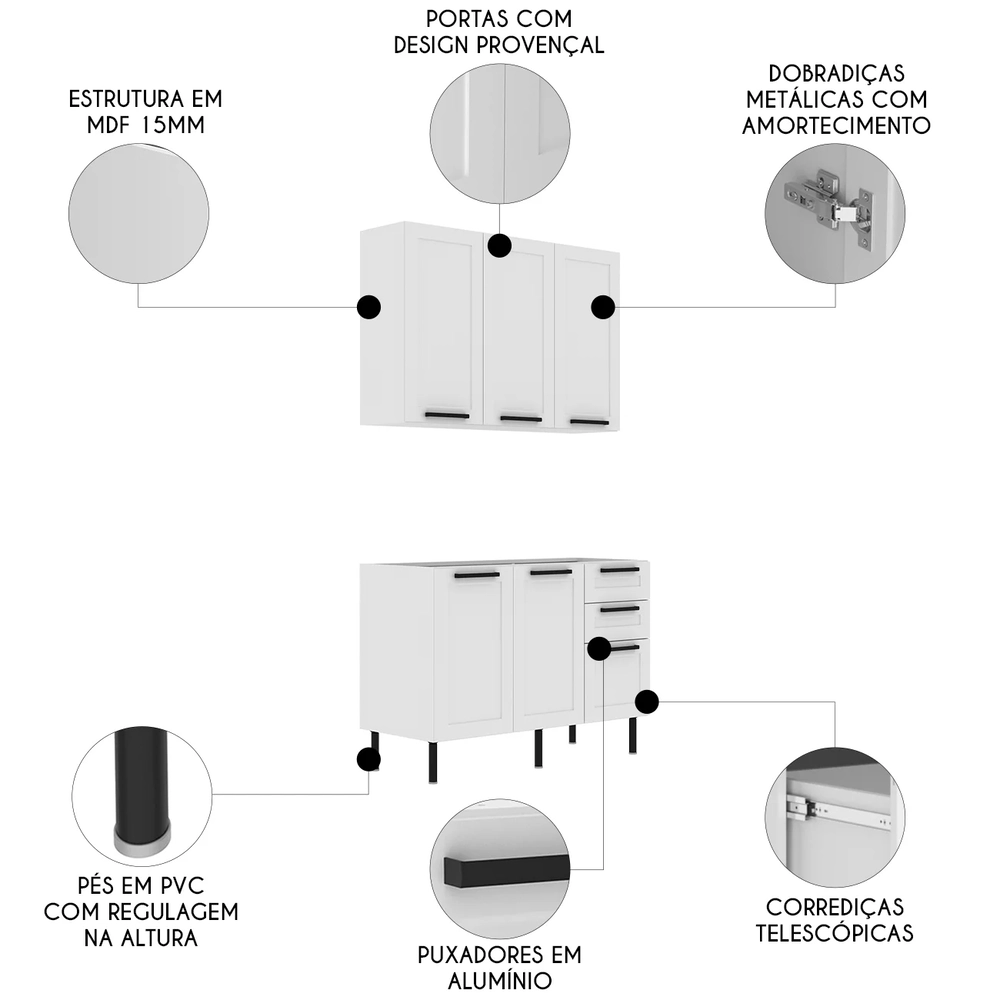 Armário Cozinha e Balcão Para Pia 120cm Zaya Branco T01 - Mpozenato
