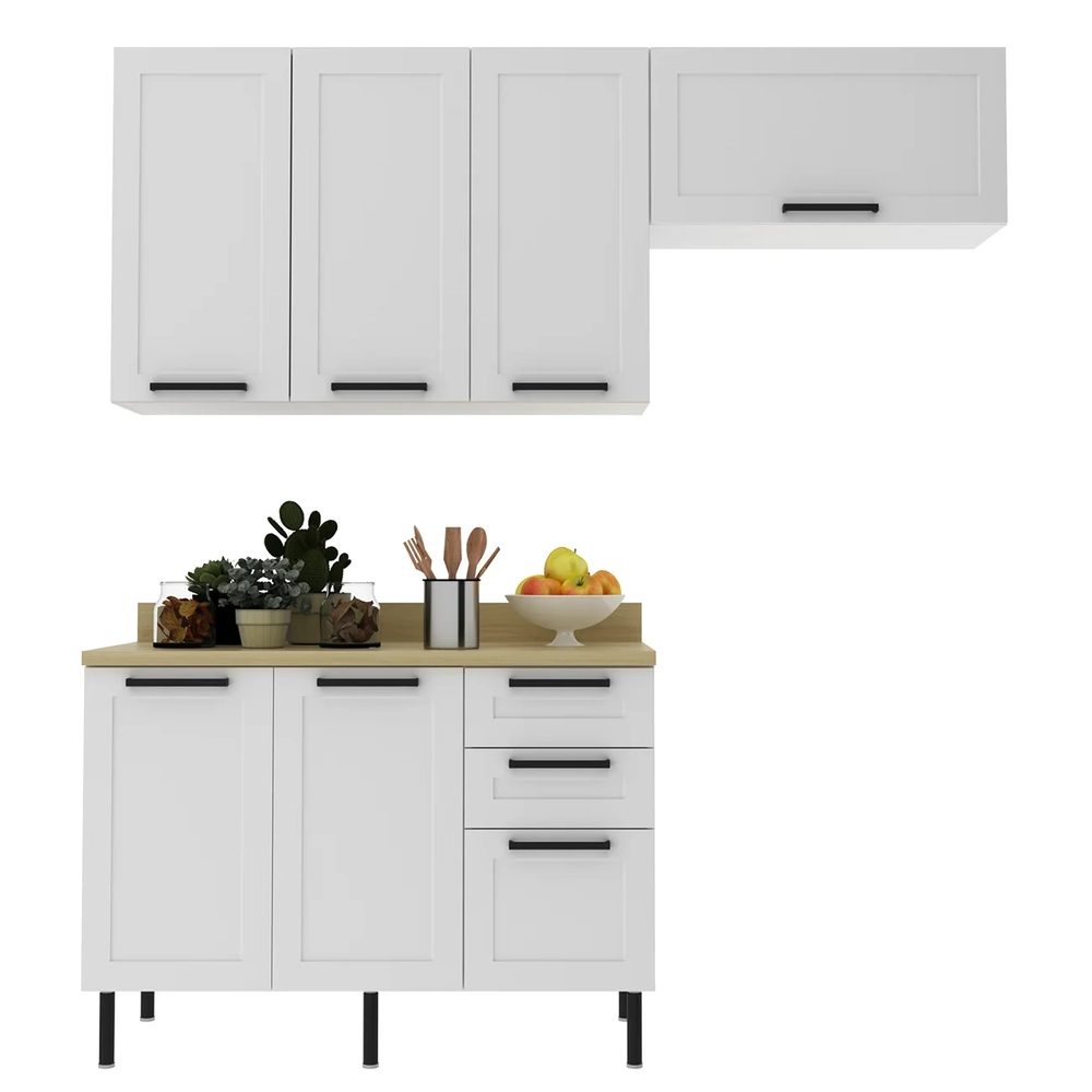 Armário Cozinha 3 Peças Balcão Tampo CP4A Zaya Branco/Carvalho T01 - Mpozenato