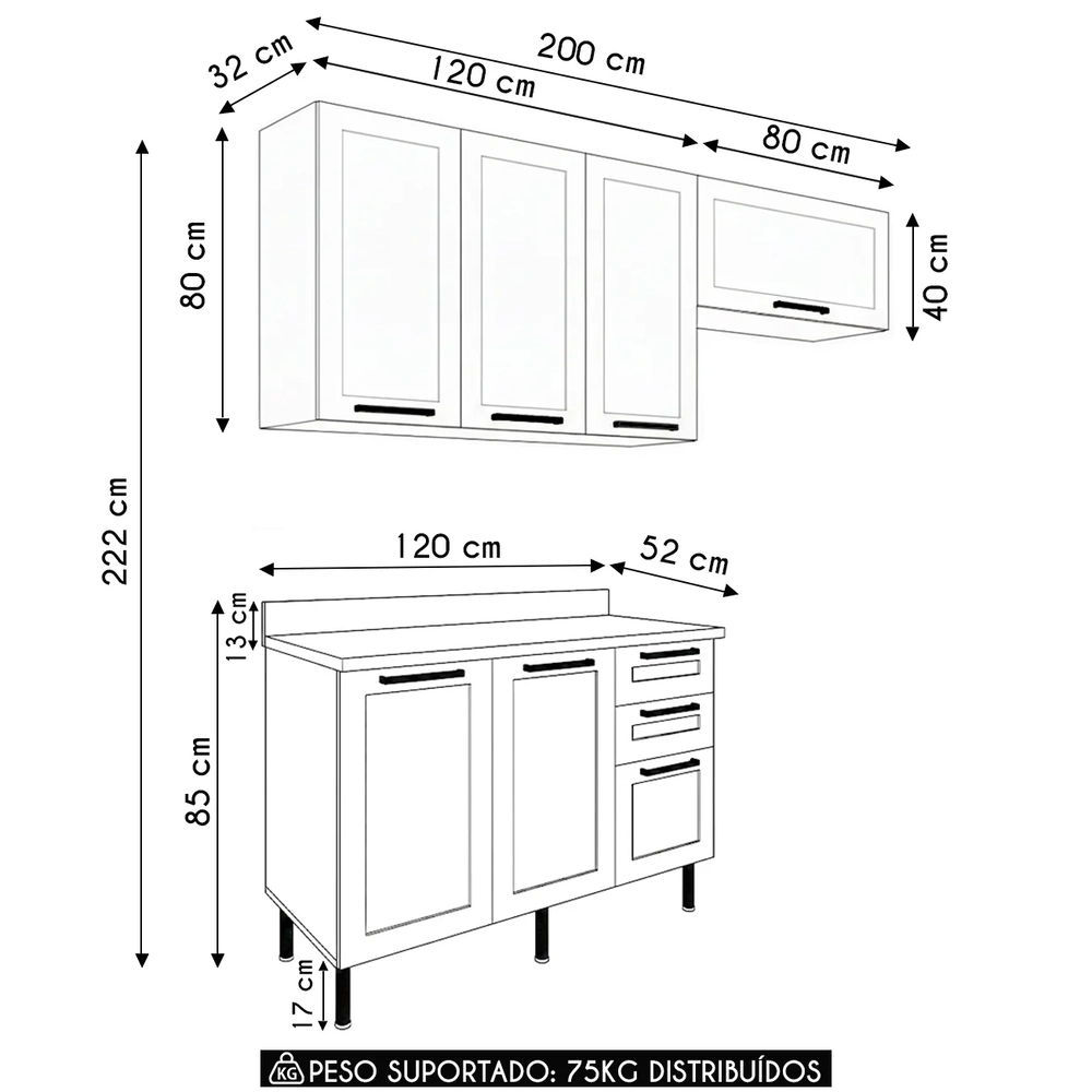 Armário Cozinha 3 Peças Balcão Tampo CP4A Zaya Branco/Carvalho T01 - Mpozenato