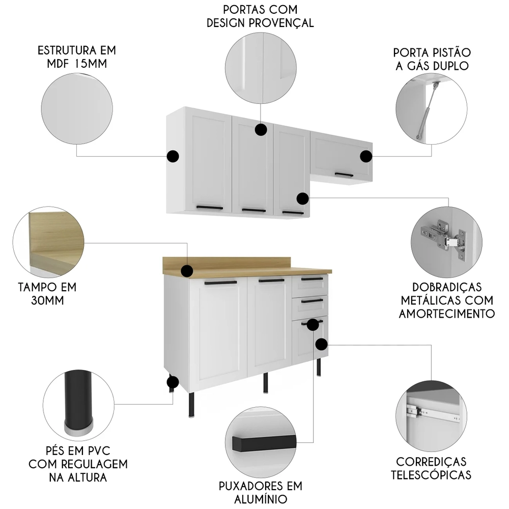 Armário Cozinha 3 Peças Balcão Tampo CP4A Zaya Branco/Carvalho T01 - Mpozenato