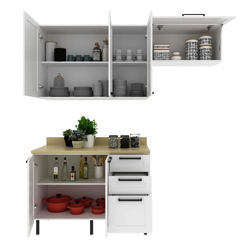 Armário Cozinha 3 Peças Balcão Tampo CP4A Zaya Branco/Carvalho T01 - Mpozenato