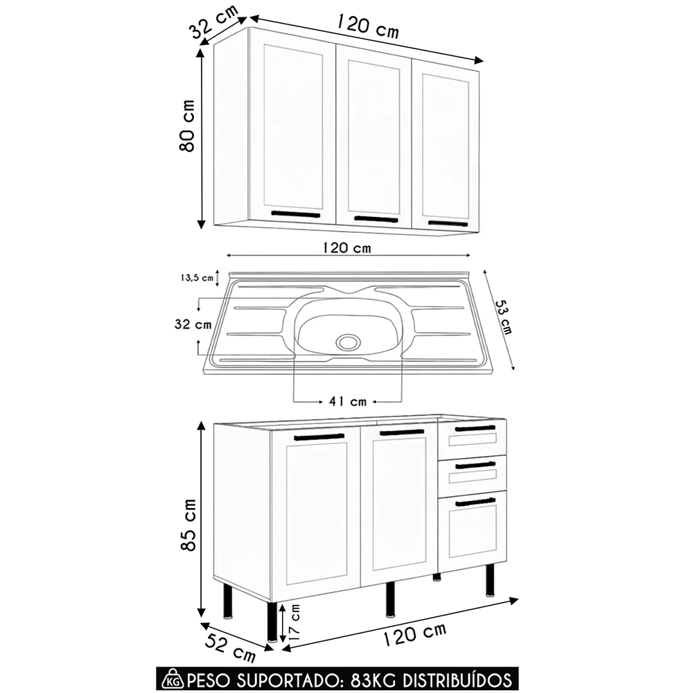 Armário Cozinha Balcão Com Pia 120cm CP3 Zaya Branco T01    - Mpozenato