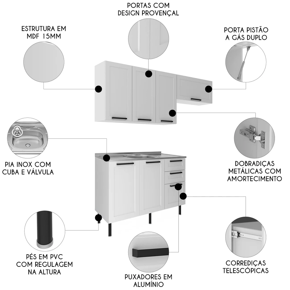 Armário Cozinha 3 Peças Balcão Com Pia CP4A Zaya Branco T01 - Mpozenato