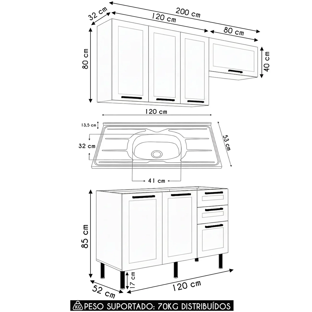 Armário Cozinha 3 Peças Balcão Com Pia CP4A Zaya Branco T01 - Mpozenato