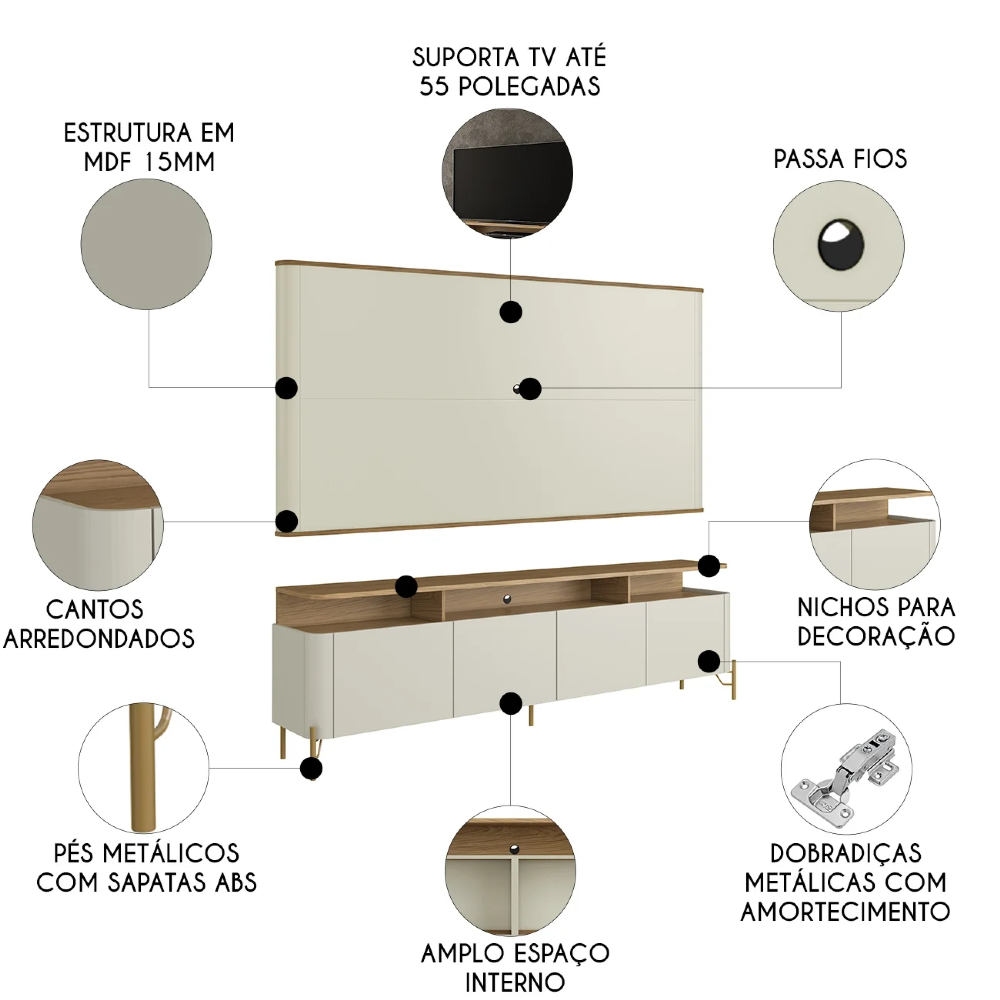 Painel TV 55 Pol e Rack Sala Porta Lisa Blen Louro/Luna/Dourado I06 - Mpozenato