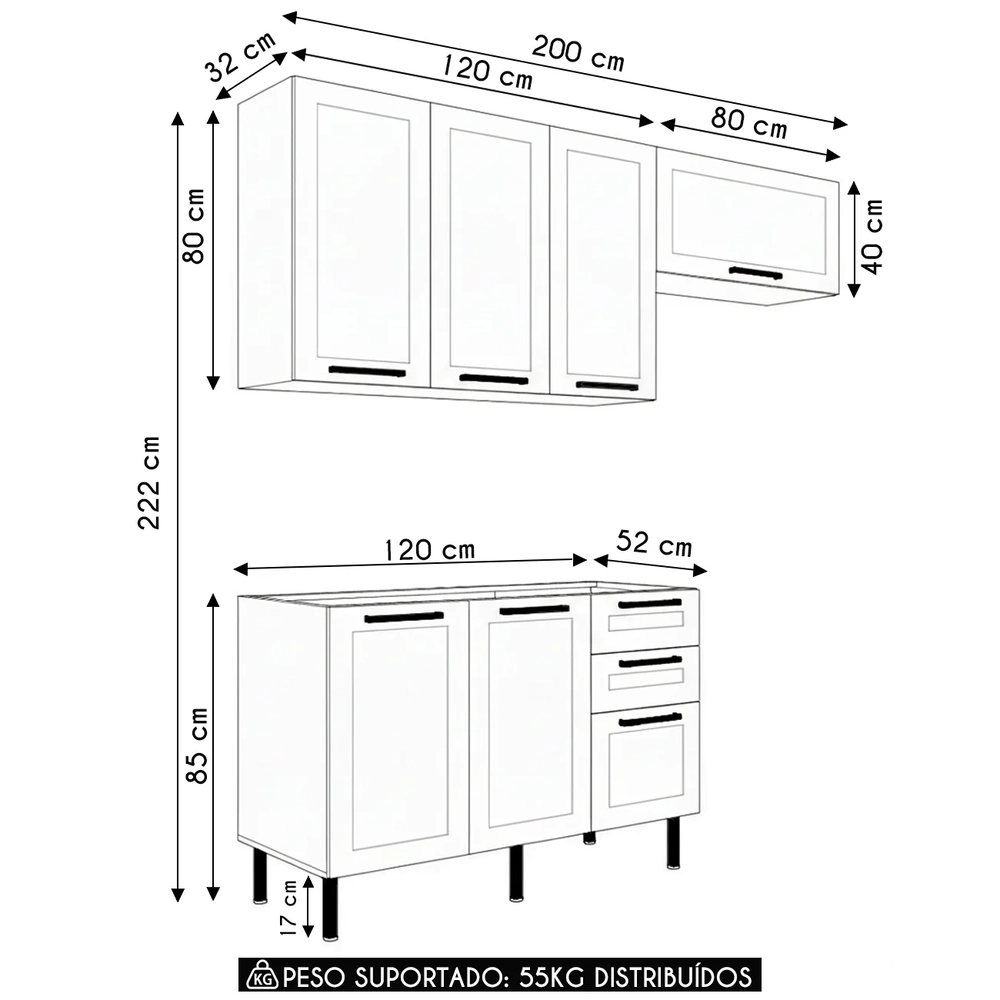 Armário Cozinha 3 Peças Balcão Para Pia CP4A Zaya Branco T01 - Mpozenato
