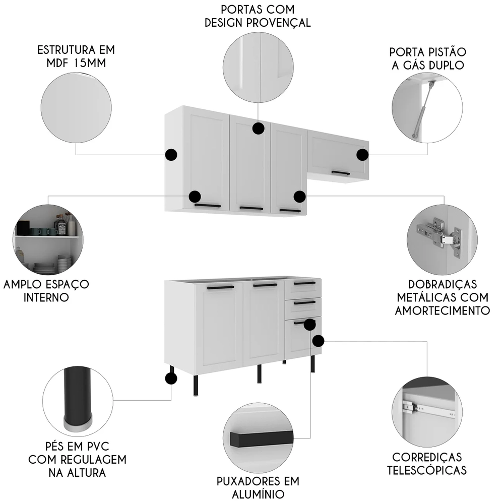 Armário Cozinha 3 Peças Balcão Para Pia CP4A Zaya Branco T01 - Mpozenato