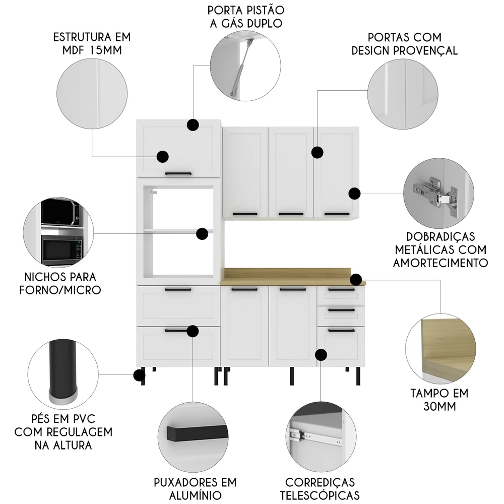 Armário Cozinha 3 Peças Balcão Tampo CP4B Zaya Branco/Carvalho T01 - Mpozenato