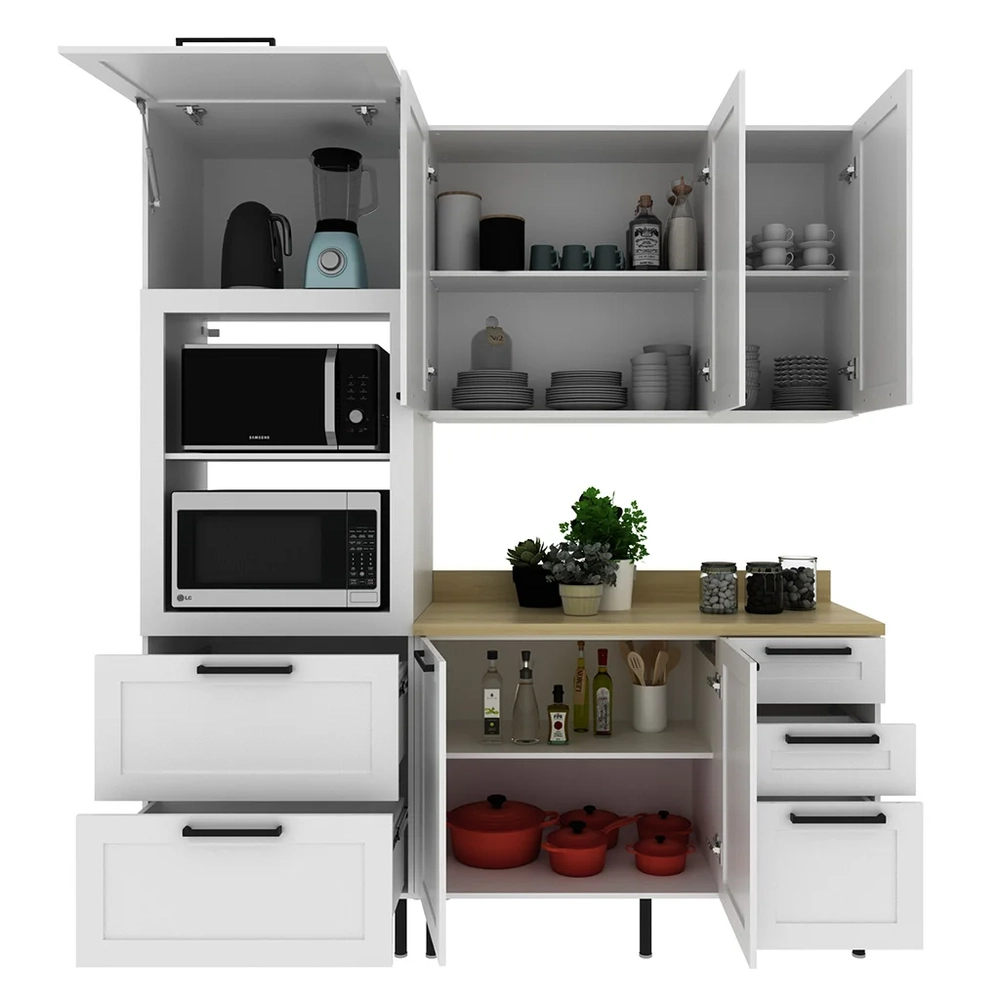 Armário Cozinha 3 Peças Balcão Tampo CP4B Zaya Branco/Carvalho T01 - Mpozenato