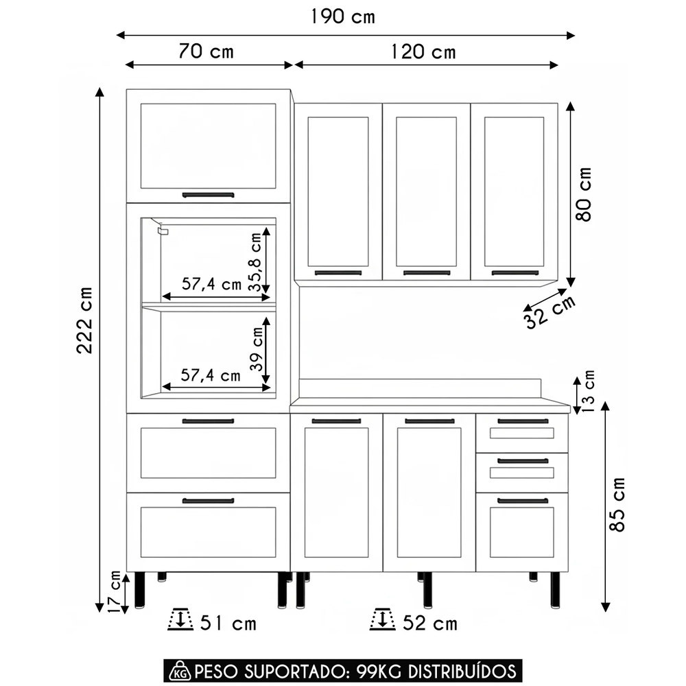 Armário Cozinha 3 Peças Balcão Tampo CP4B Zaya Branco/Carvalho T01 - Mpozenato