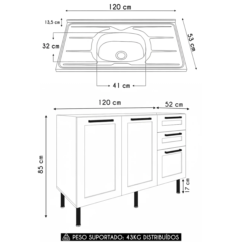 Balcão de Cozinha Com Pia 120cm Zaya Branco/Carvalho T01    - Mpozenato