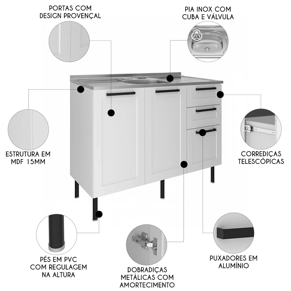 Balcão de Cozinha Com Pia 120cm Zaya Branco/Carvalho T01    - Mpozenato