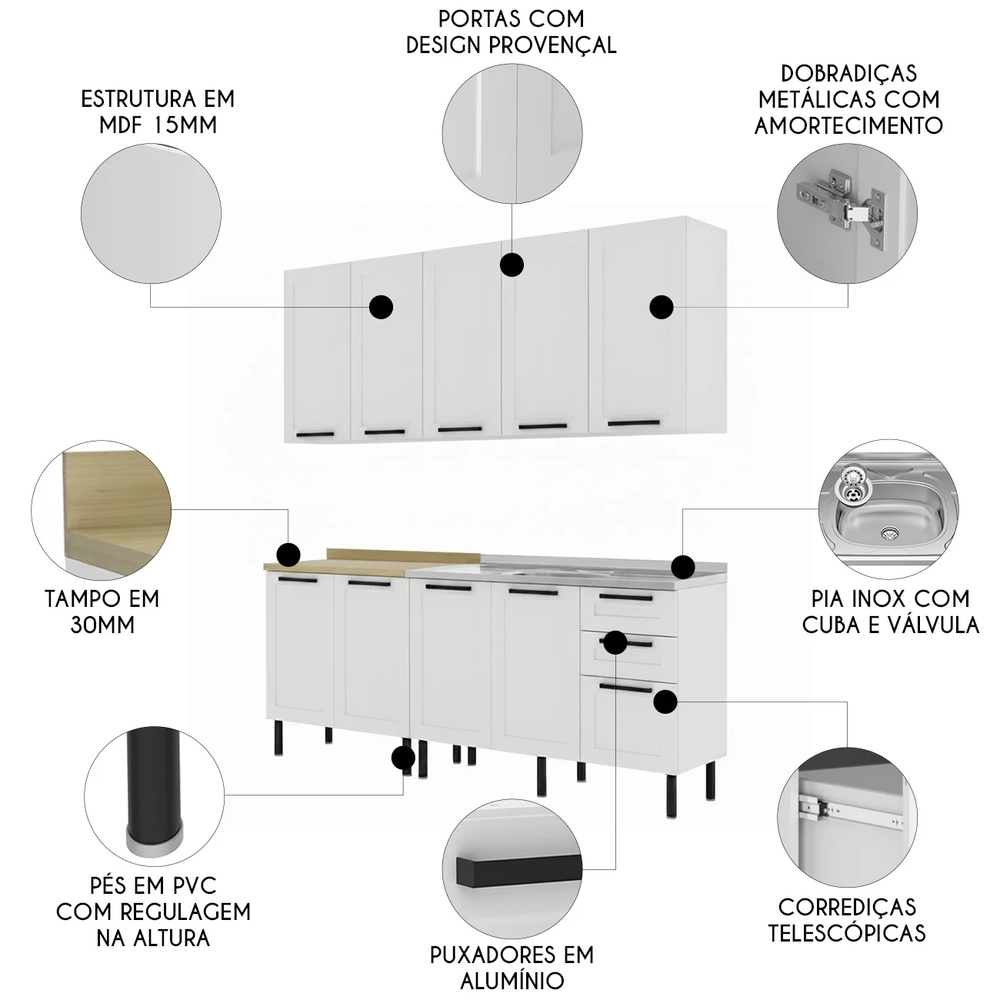 Armário Cozinha 4 Peças Balcão Com Pia CP6A Zaya Branco T01 - Mpozenato