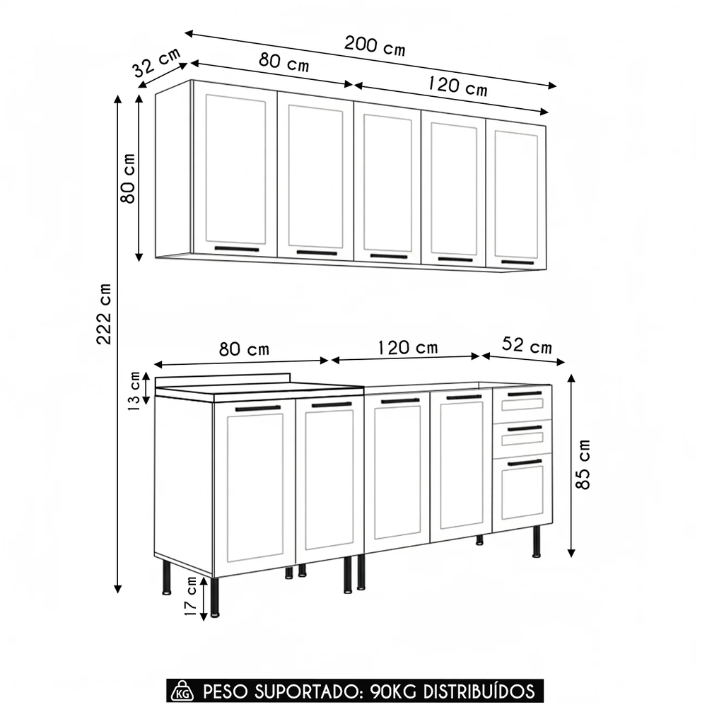 Armário Cozinha 4 Peças Balcão Com Pia CP6A Zaya Branco T01 - Mpozenato