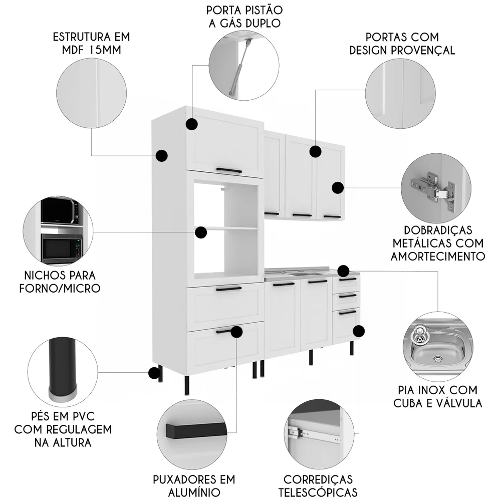 Armário Cozinha 3 Peças Balcão Com Pia CP4B Zaya Branco T01 - Mpozenato