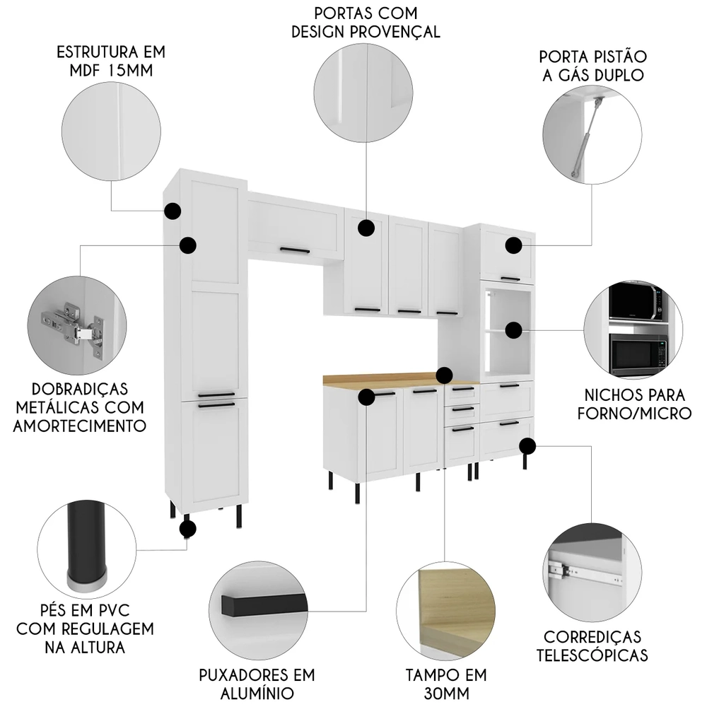 Armário Cozinha 4 Peças Balcão Tampo CP6B Zaya Branco/Carvalho T01 - Mpozenato