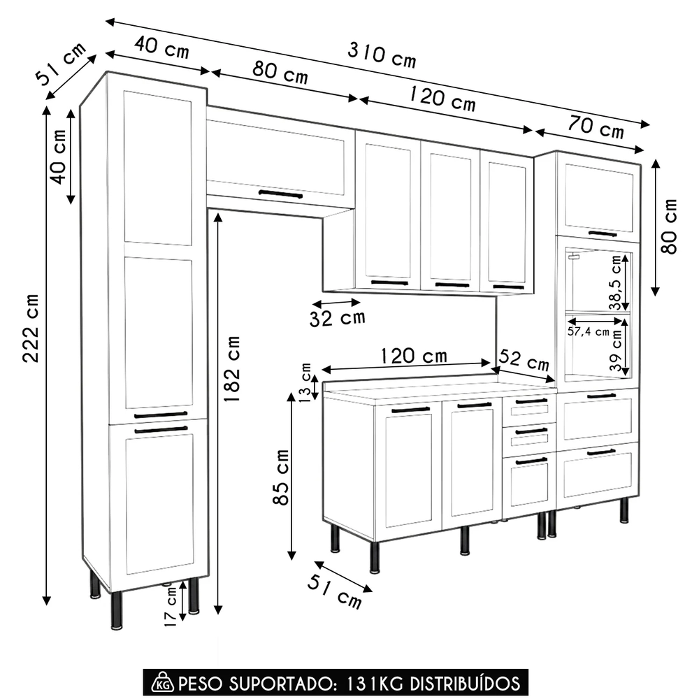 Armário Cozinha 4 Peças Balcão Tampo CP6B Zaya Branco/Carvalho T01 - Mpozenato