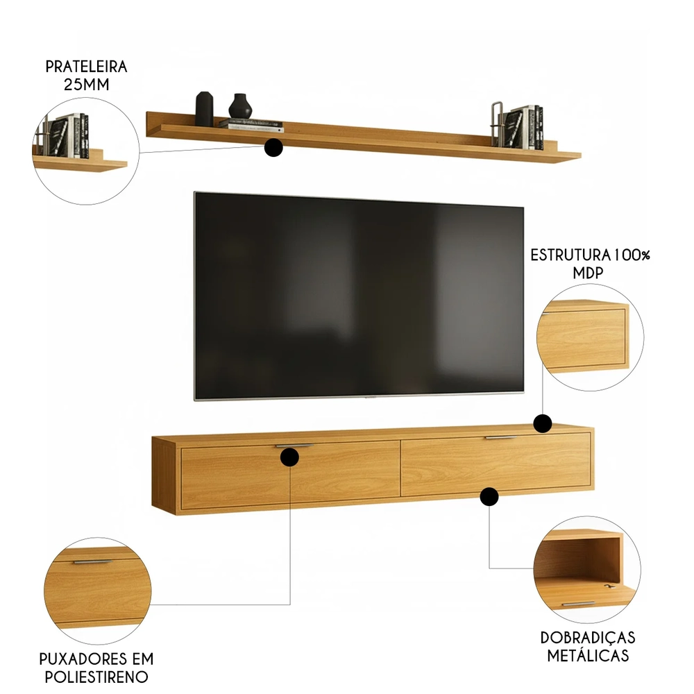 Rack TV 65 Pol. Suspenso 160cm 2 Portas Lila Cinamomo Z49   - Mpozenato