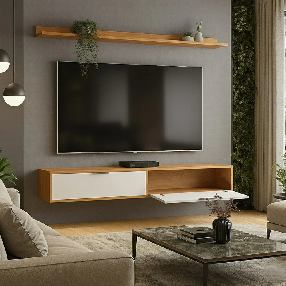 Rack TV 65 Pol. Suspenso 160cm 2 Portas Lila Cinamomo/Branco Z49 - Mpozenato