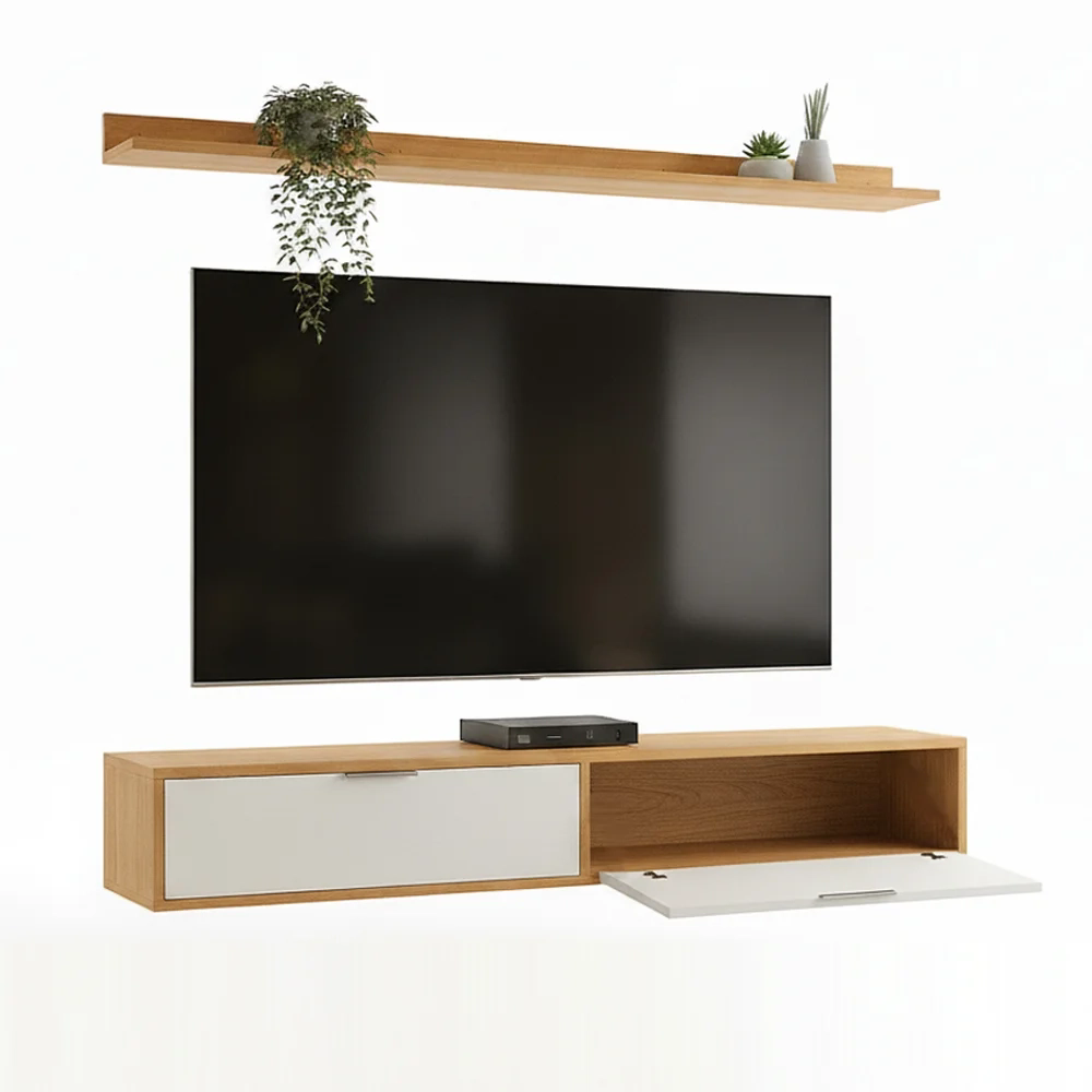 Rack TV 65 Pol. Suspenso 160cm 2 Portas Lila Cinamomo/Branco Z49 - Mpozenato