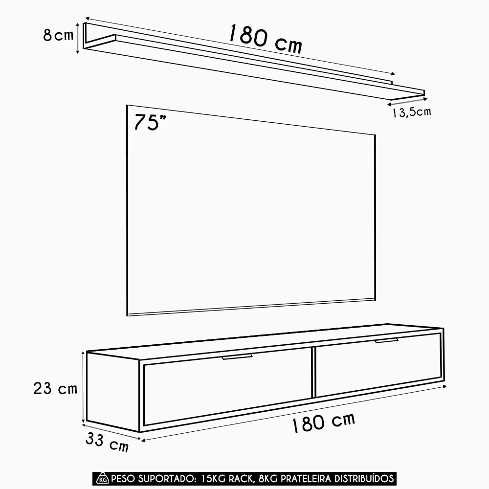 Rack TV 75 Pol. Suspenso 180cm 2 Portas Lila Cinamomo Z49   - Mpozenato