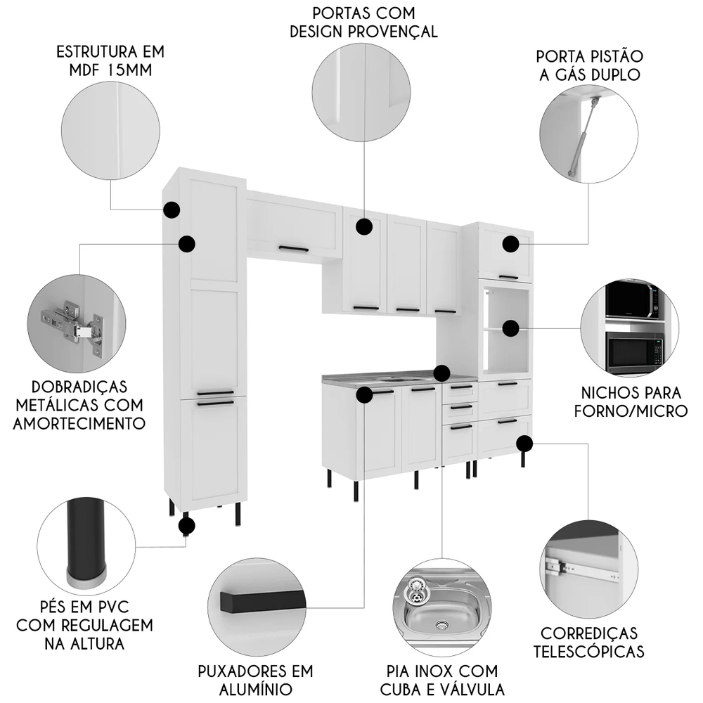 Armário Cozinha 4 Peças Balcão Com Pia CP6B Zaya Branco T01 - Mpozenato